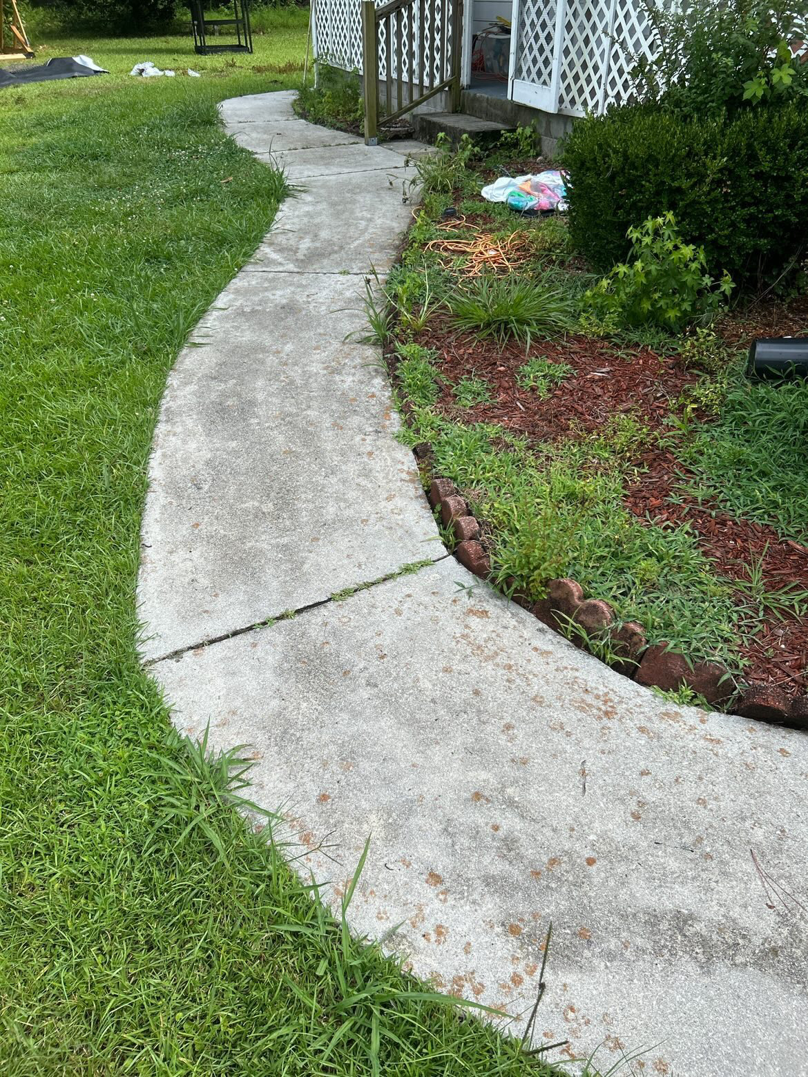 Narrow concrete path leading to a storage shed